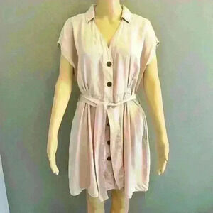 ZARA Pastel Pink Minimalist  Button Down Shirt Collar V Neck A Line Mini Dress.